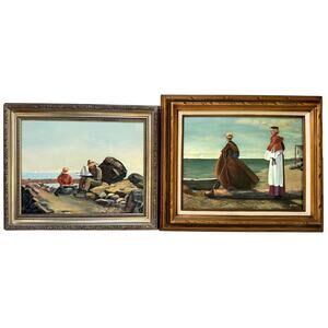 Vintage Mid-Century Coastal Oil Paintings Pair – Signed Gibson
